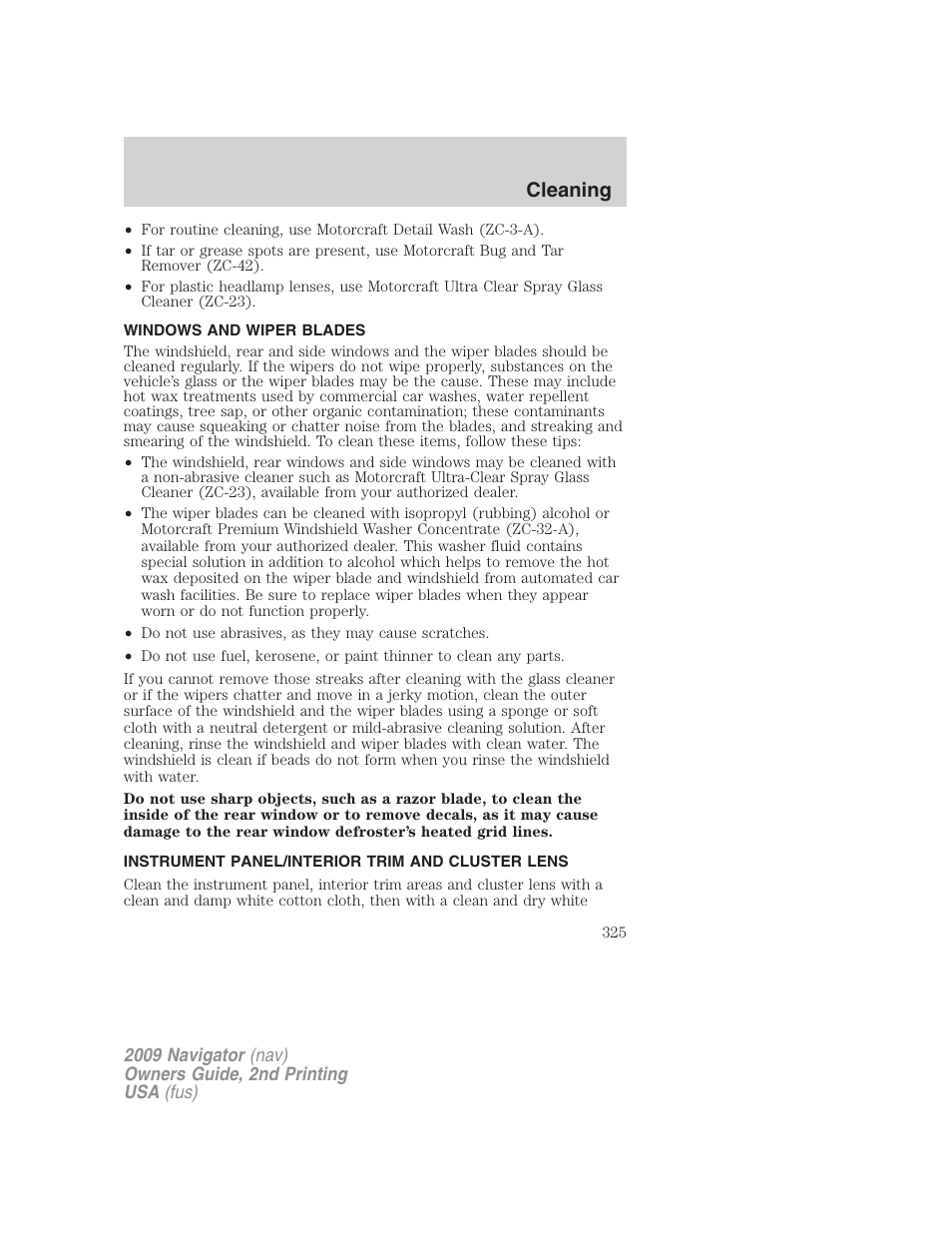 Windows and wiper blades, Instrument panel/interior trim and cluster lens, Cleaning | Lincoln 2009 Navigator User Manual | Page 749 / 801