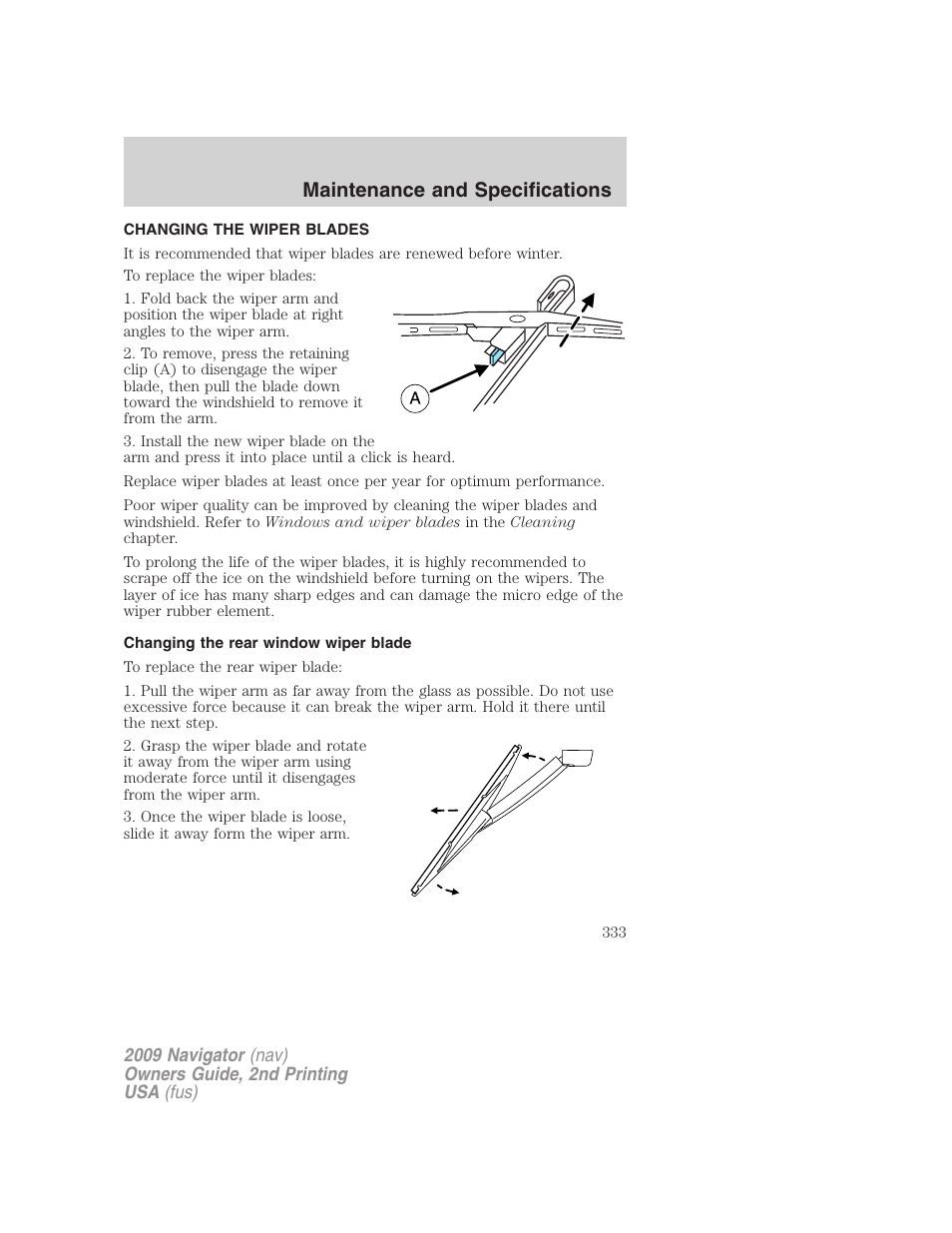 Changing the wiper blades, Changing the rear window wiper blade, Maintenance and specifications | Lincoln 2009 Navigator User Manual | Page 757 / 801