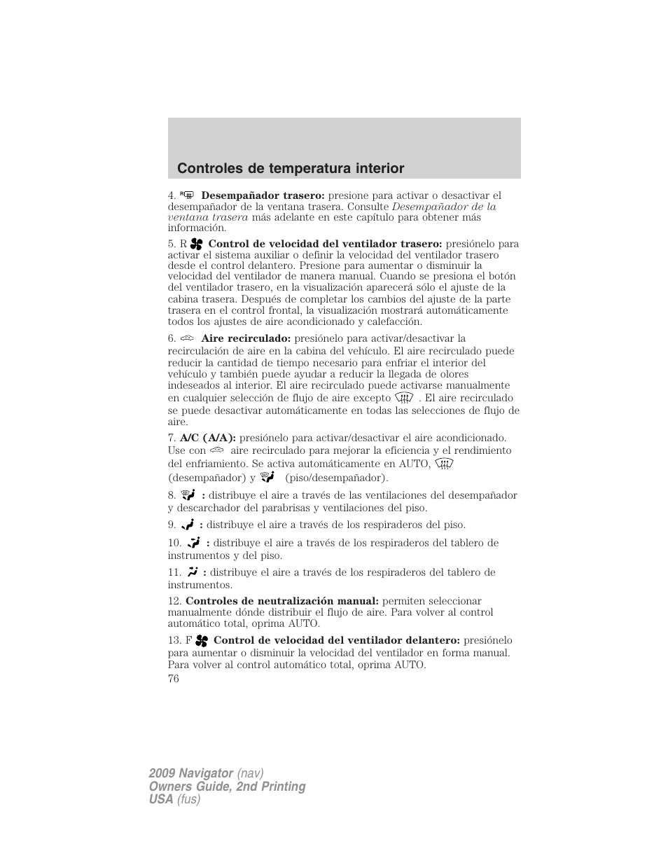 Controles de temperatura interior | Lincoln 2009 Navigator User Manual | Page 76 / 801
