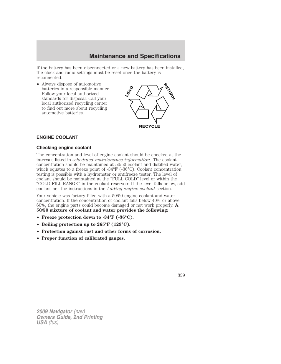 Engine coolant, Checking engine coolant, Maintenance and specifications | Lincoln 2009 Navigator User Manual | Page 763 / 801