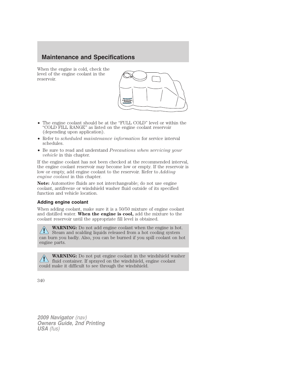 Adding engine coolant, Maintenance and specifications | Lincoln 2009 Navigator User Manual | Page 764 / 801