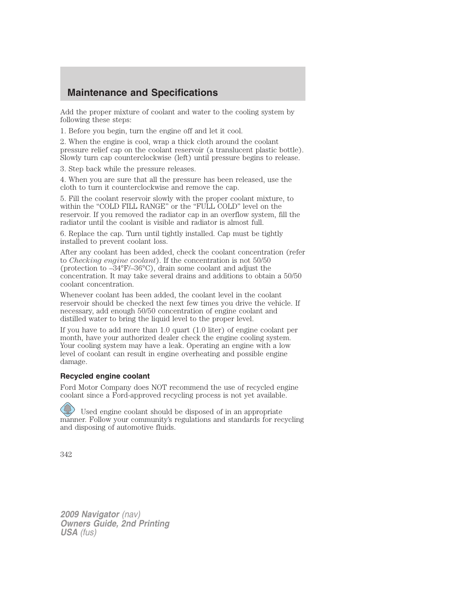 Recycled engine coolant, Maintenance and specifications | Lincoln 2009 Navigator User Manual | Page 766 / 801