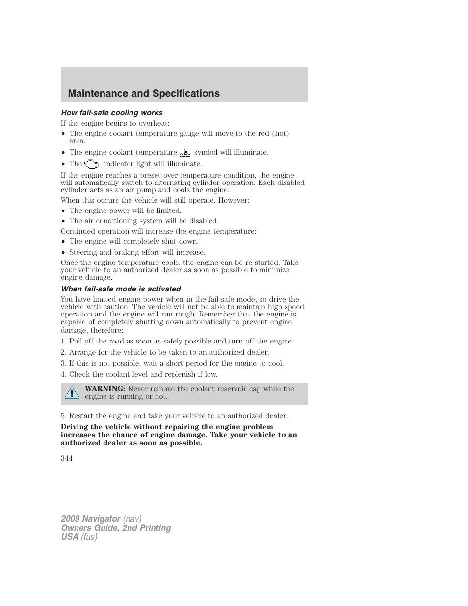 How fail-safe cooling works, When fail-safe mode is activated, Maintenance and specifications | Lincoln 2009 Navigator User Manual | Page 768 / 801