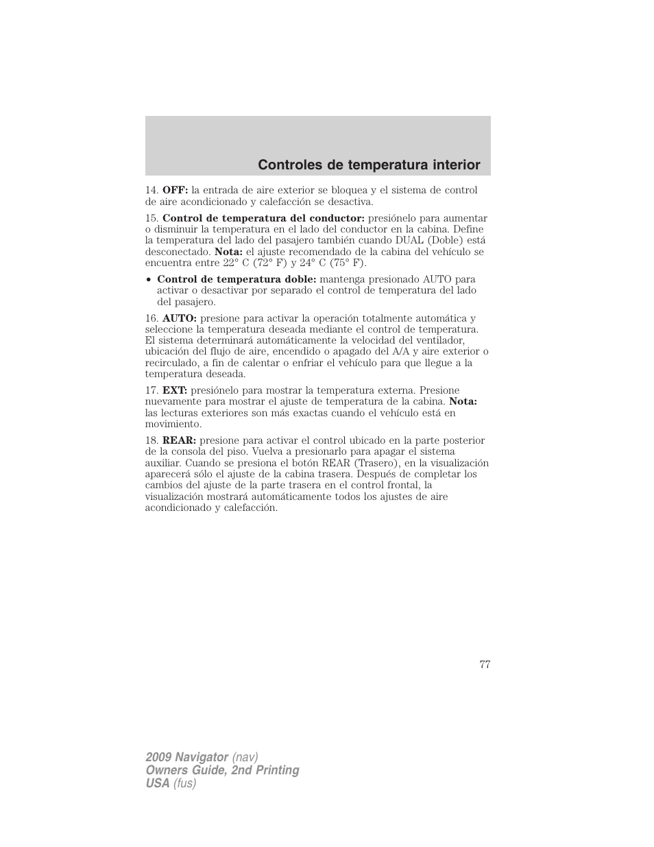 Controles de temperatura interior | Lincoln 2009 Navigator User Manual | Page 77 / 801