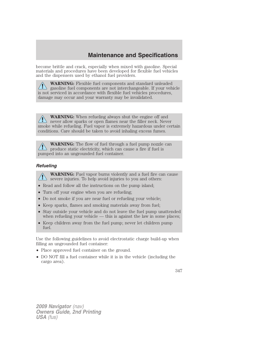 Refueling, Maintenance and specifications | Lincoln 2009 Navigator User Manual | Page 771 / 801