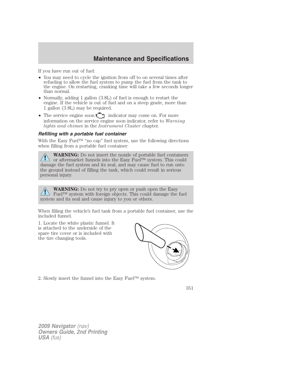 Refilling with a portable fuel container, Maintenance and specifications | Lincoln 2009 Navigator User Manual | Page 775 / 801