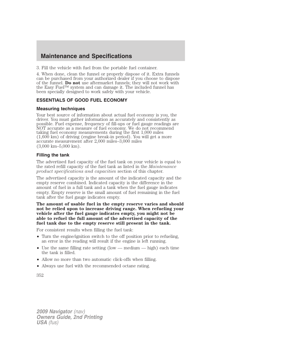 Essentials of good fuel economy, Measuring techniques, Filling the tank | Maintenance and specifications | Lincoln 2009 Navigator User Manual | Page 776 / 801