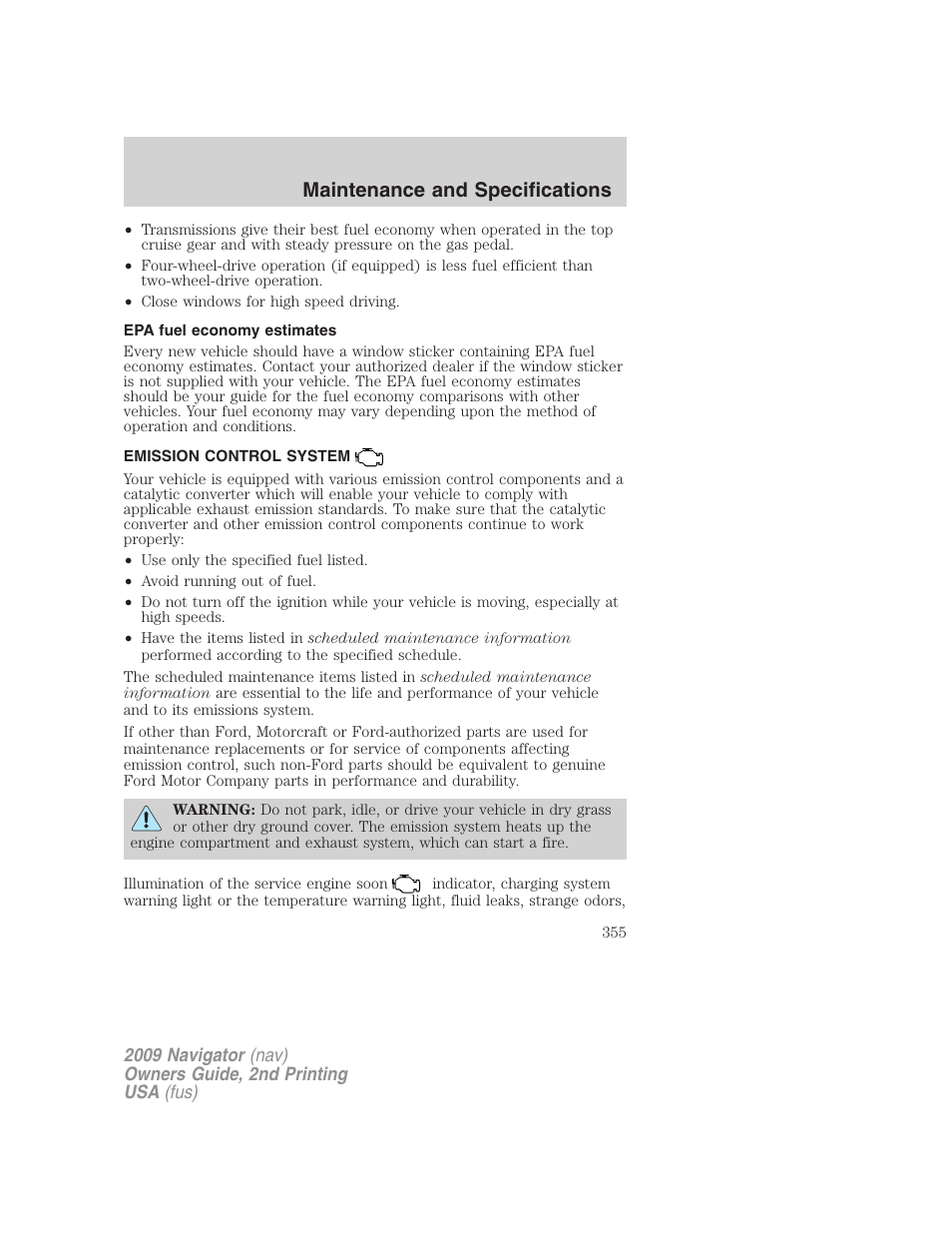 Epa fuel economy estimates, Emission control system, Maintenance and specifications | Lincoln 2009 Navigator User Manual | Page 779 / 801