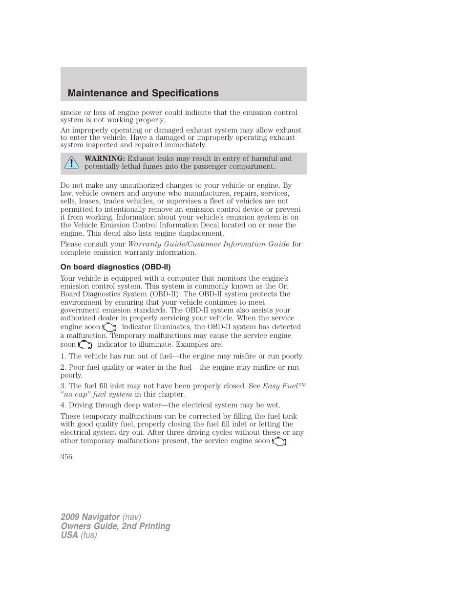 On board diagnostics (obd-ii), Maintenance and specifications | Lincoln 2009 Navigator User Manual | Page 780 / 801