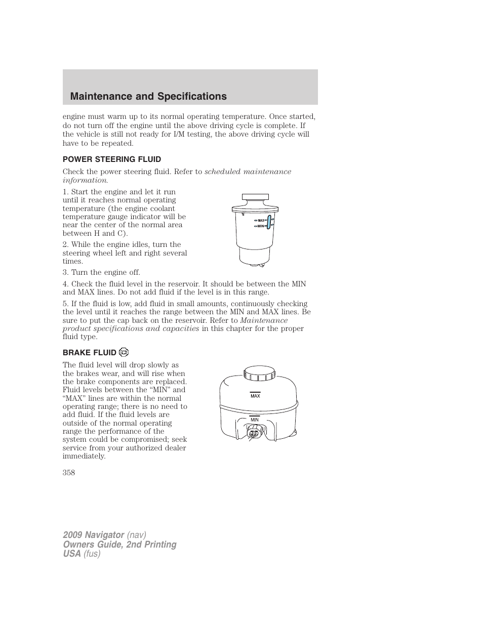 Power steering fluid, Brake fluid, Maintenance and specifications | Lincoln 2009 Navigator User Manual | Page 782 / 801