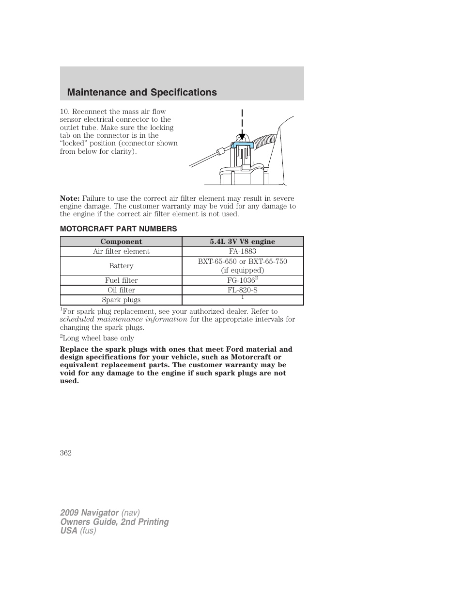 Motorcraft part numbers, Part numbers, Maintenance and specifications | Lincoln 2009 Navigator User Manual | Page 786 / 801