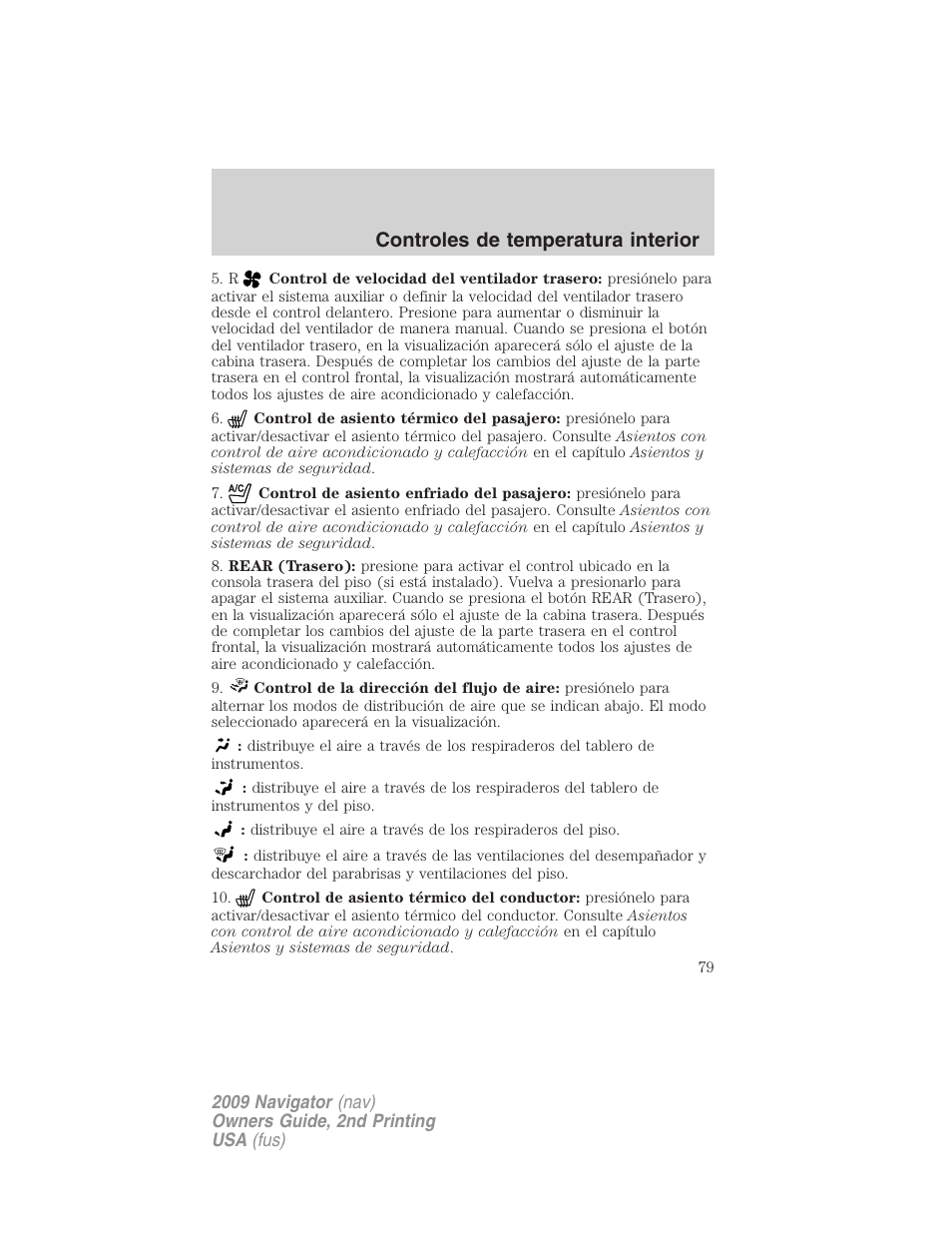 Controles de temperatura interior | Lincoln 2009 Navigator User Manual | Page 79 / 801