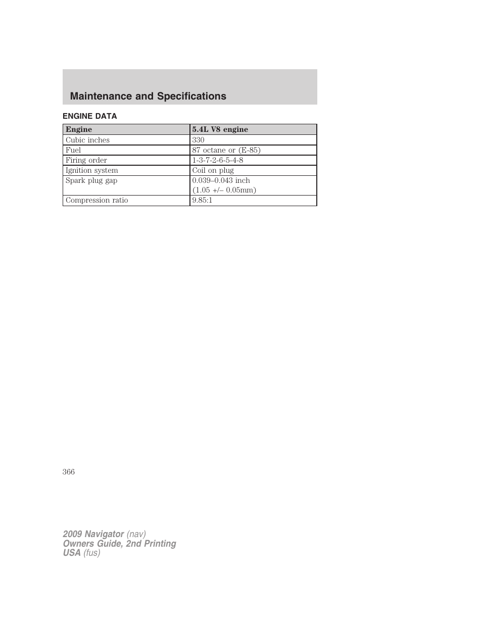 Engine data, Maintenance and specifications | Lincoln 2009 Navigator User Manual | Page 790 / 801