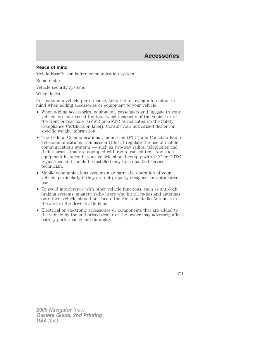 Peace of mind, Accessories | Lincoln 2009 Navigator User Manual | Page 795 / 801