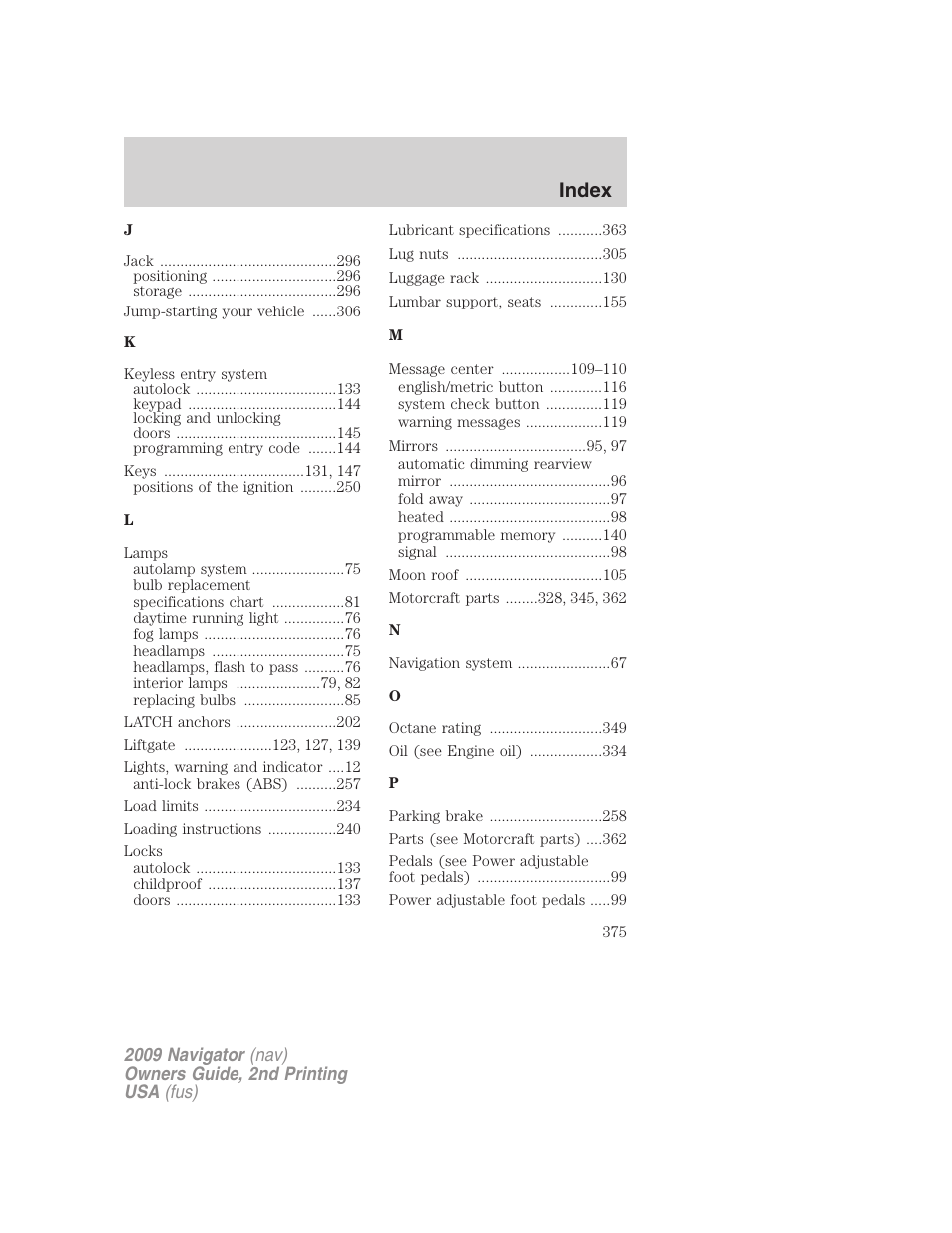 Index | Lincoln 2009 Navigator User Manual | Page 799 / 801