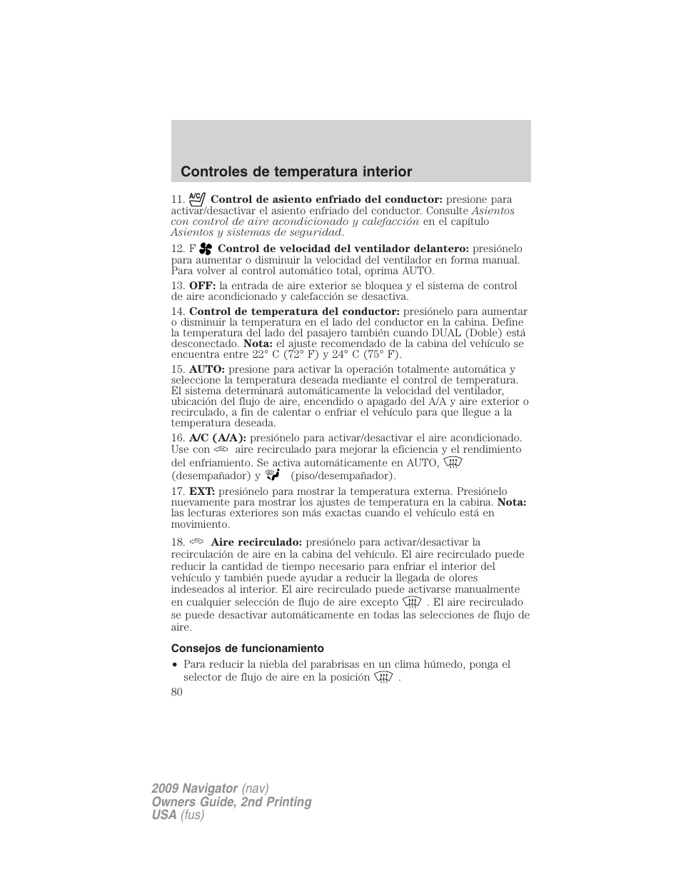 Consejos de funcionamiento, Controles de temperatura interior | Lincoln 2009 Navigator User Manual | Page 80 / 801