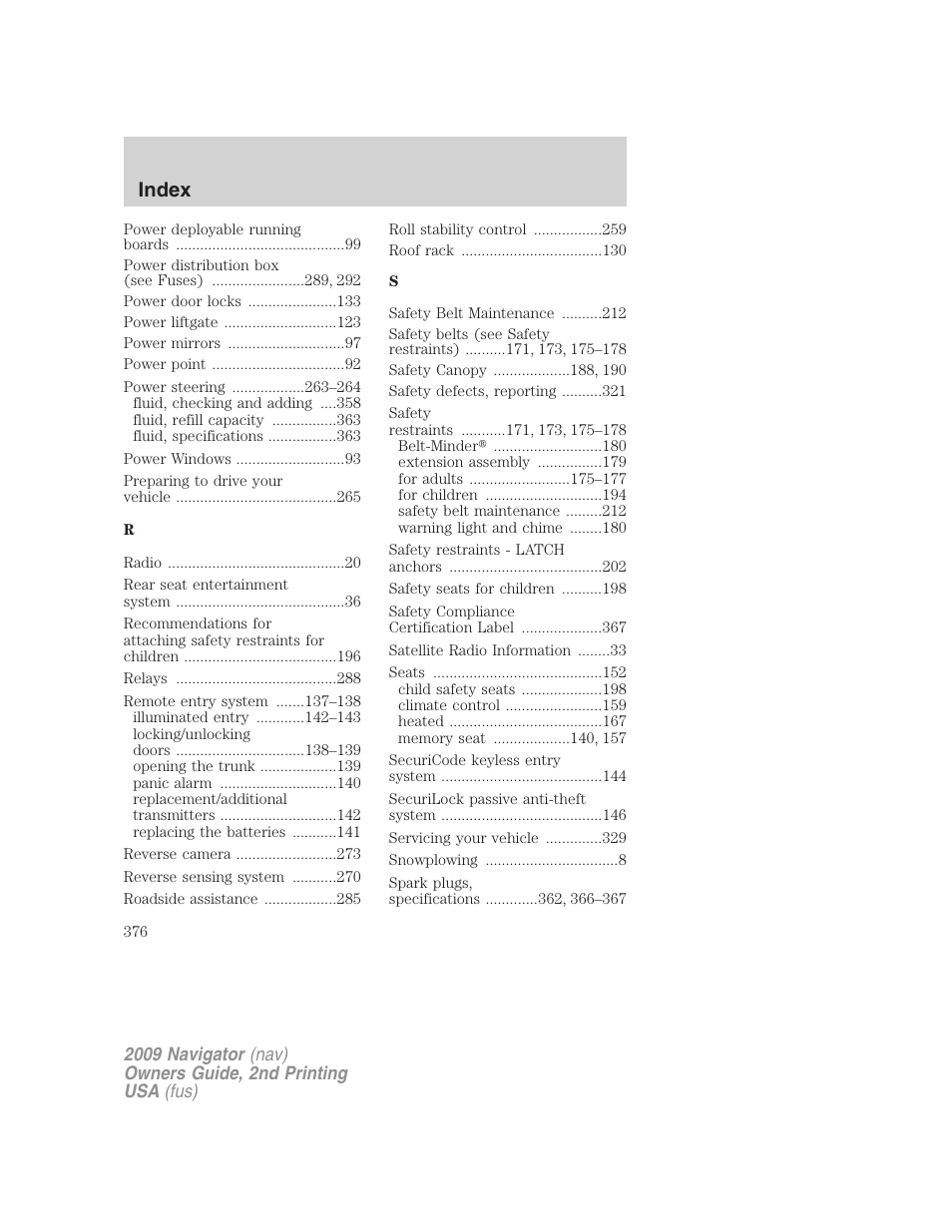 Index | Lincoln 2009 Navigator User Manual | Page 800 / 801