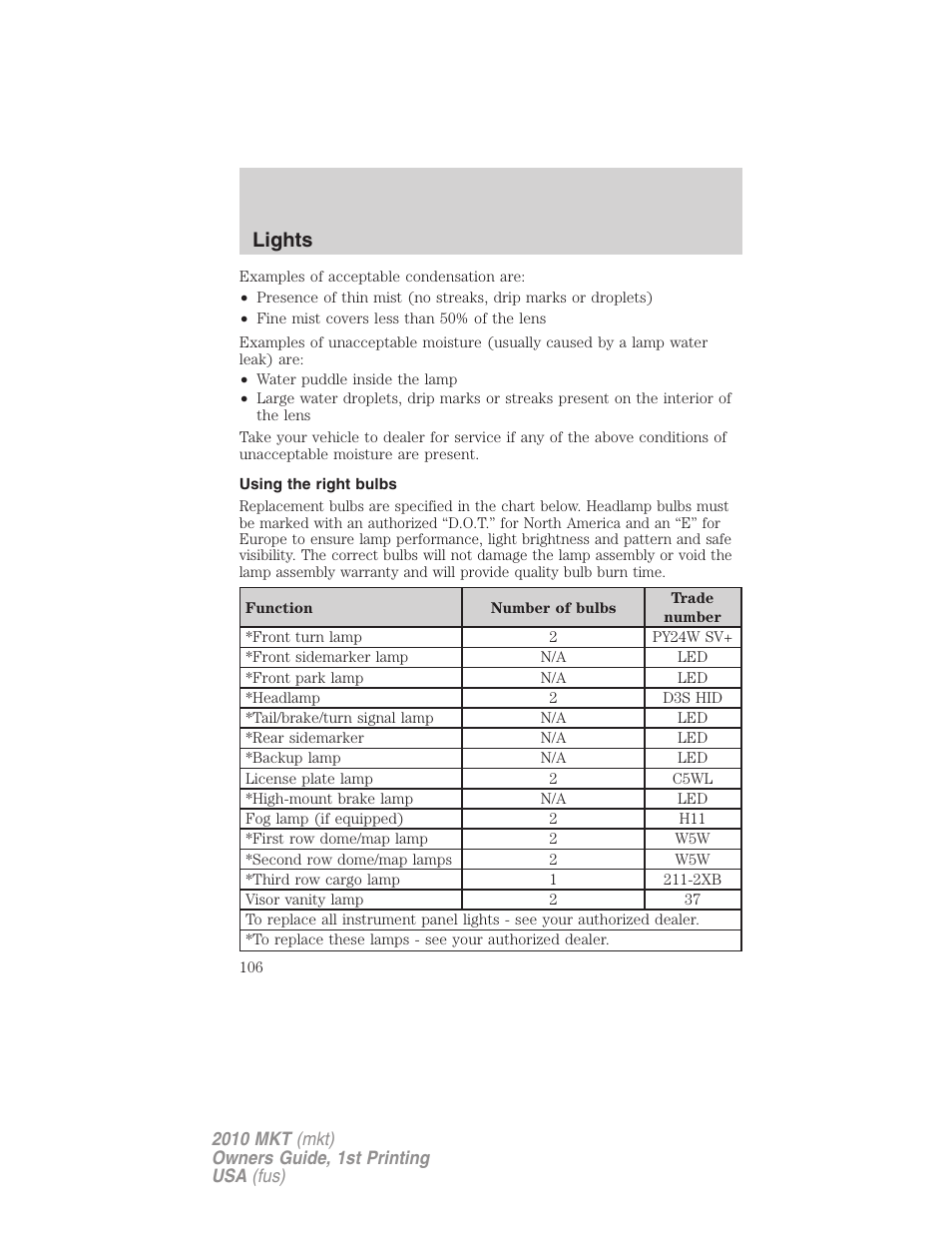 Using the right bulbs, Lights | Lincoln MKT User Manual | Page 106 / 430