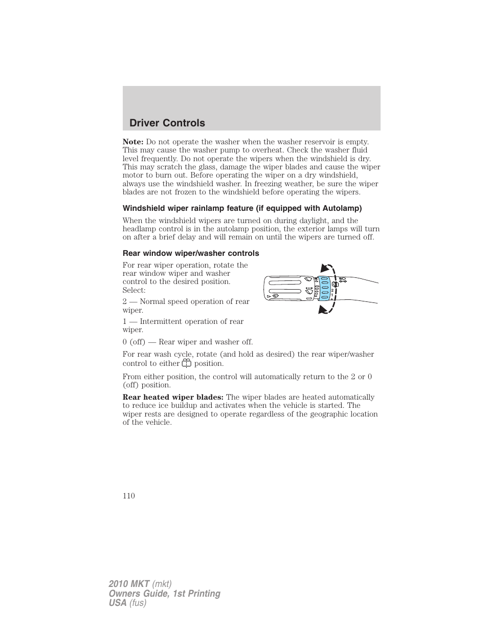 Rear window wiper/washer controls, Driver controls | Lincoln MKT User Manual | Page 110 / 430