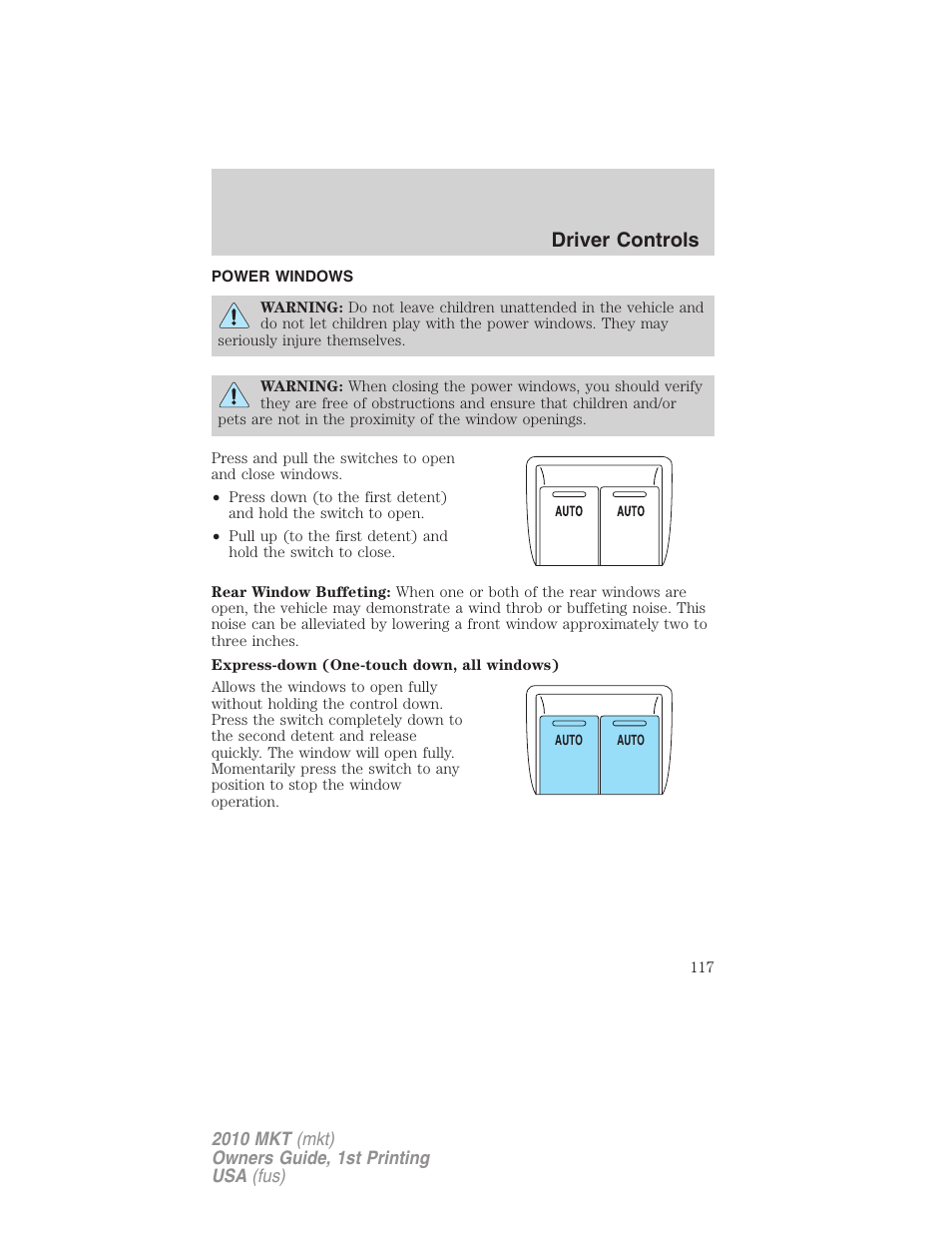 Power windows, Driver controls | Lincoln MKT User Manual | Page 117 / 430