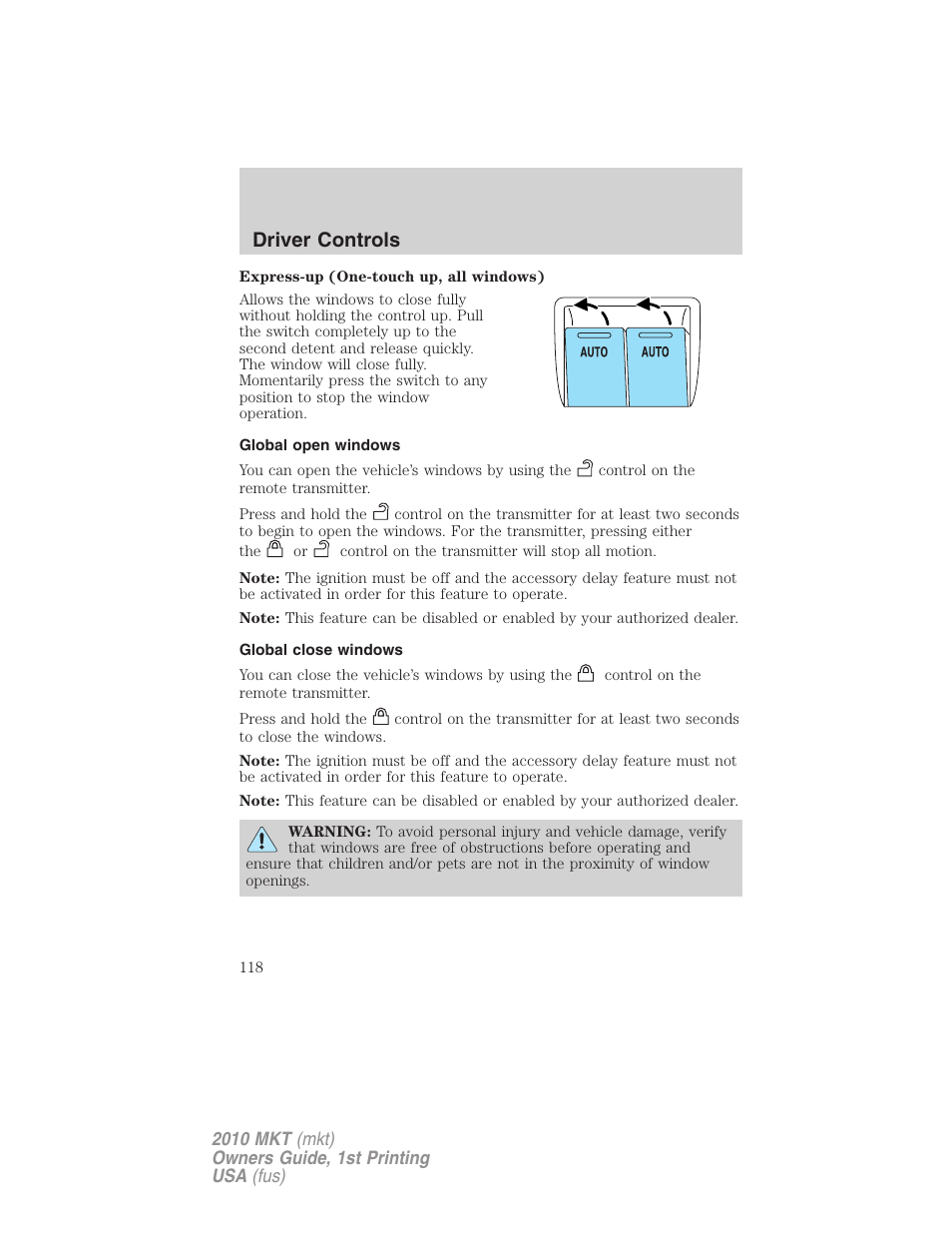 Global open windows, Global close windows, Driver controls | Lincoln MKT User Manual | Page 118 / 430