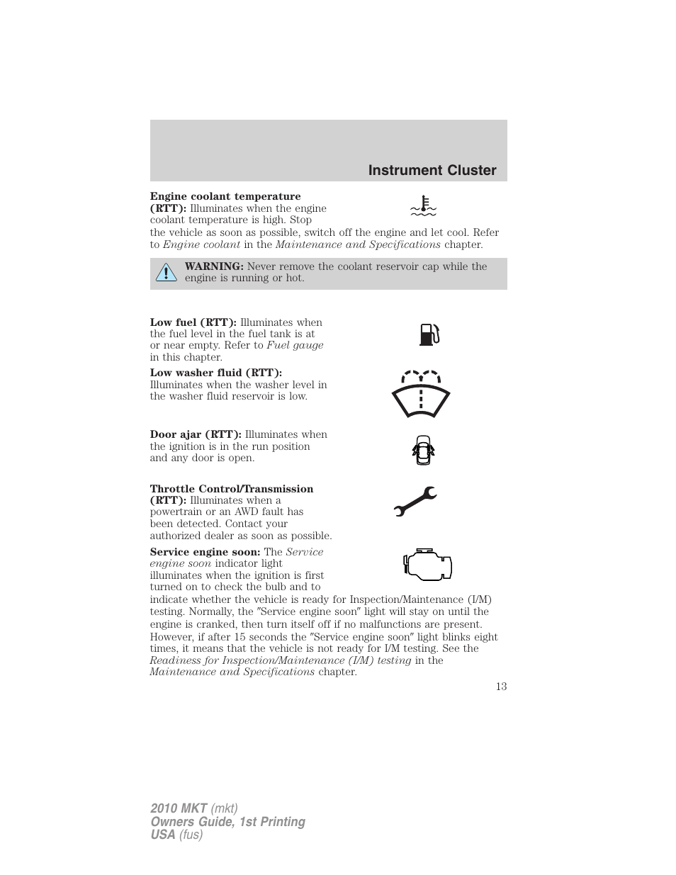 Instrument cluster | Lincoln MKT User Manual | Page 13 / 430