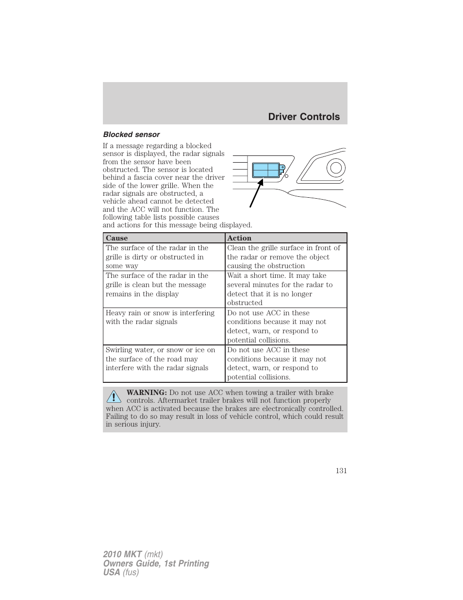 Blocked sensor, Driver controls | Lincoln MKT User Manual | Page 131 / 430