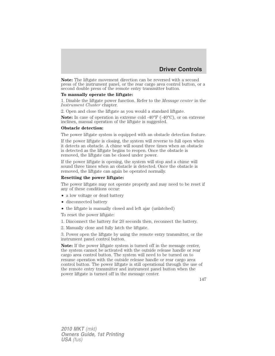 Driver controls | Lincoln MKT User Manual | Page 147 / 430