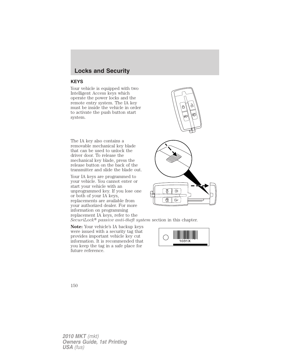 Locks and security, Keys | Lincoln MKT User Manual | Page 150 / 430