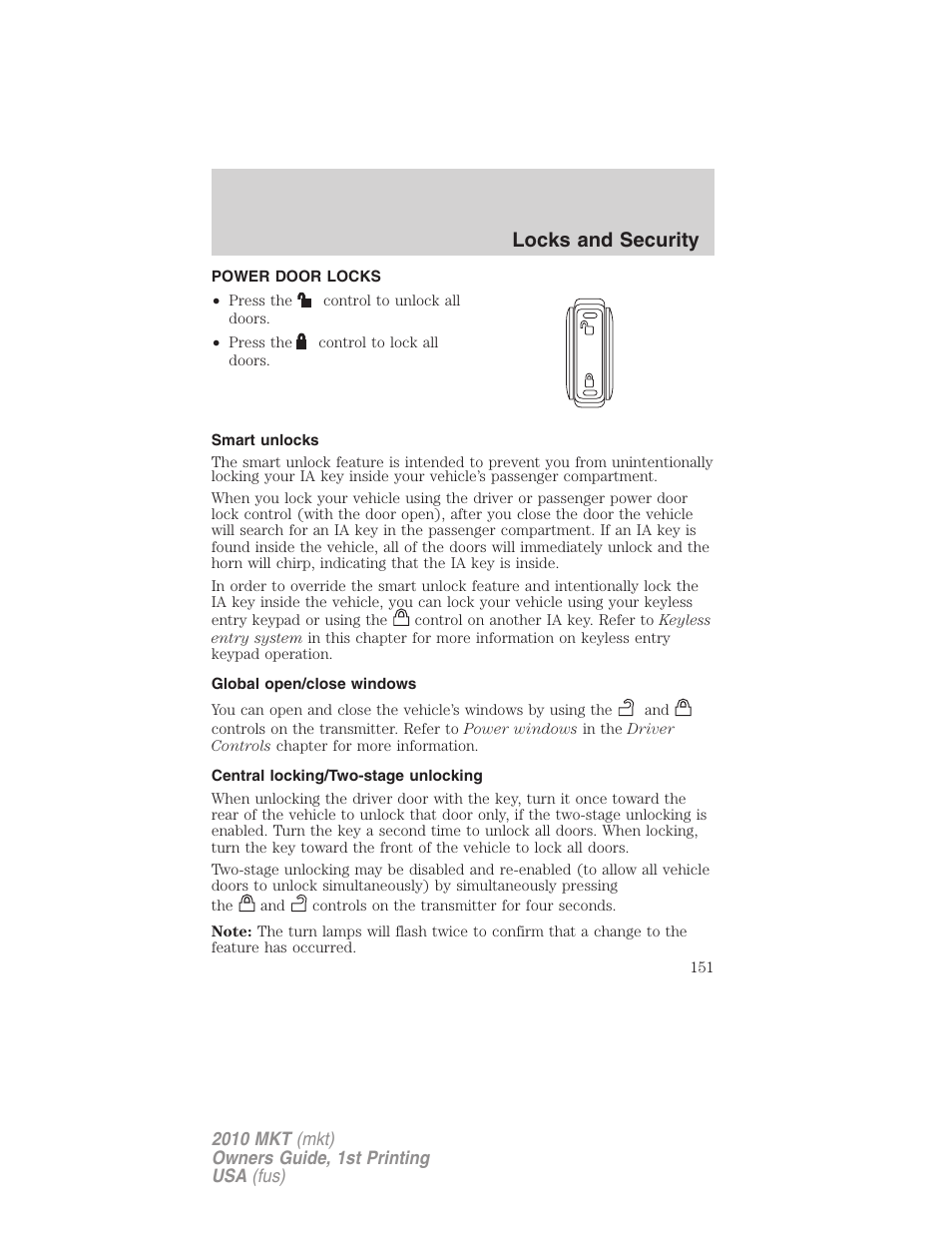 Power door locks, Smart unlocks, Global open/close windows | Central locking/two-stage unlocking, Locks, Locks and security | Lincoln MKT User Manual | Page 151 / 430