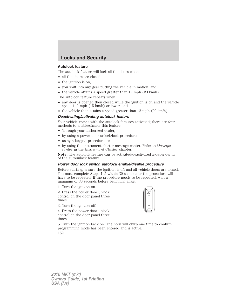 Autolock feature, Deactivating/activating autolock feature, Locks and security | Lincoln MKT User Manual | Page 152 / 430