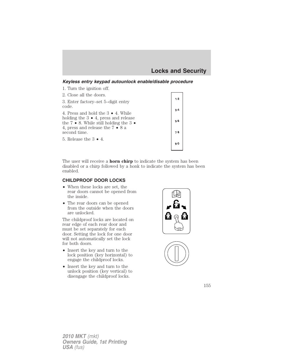 Childproof door locks, Locks and security | Lincoln MKT User Manual | Page 155 / 430