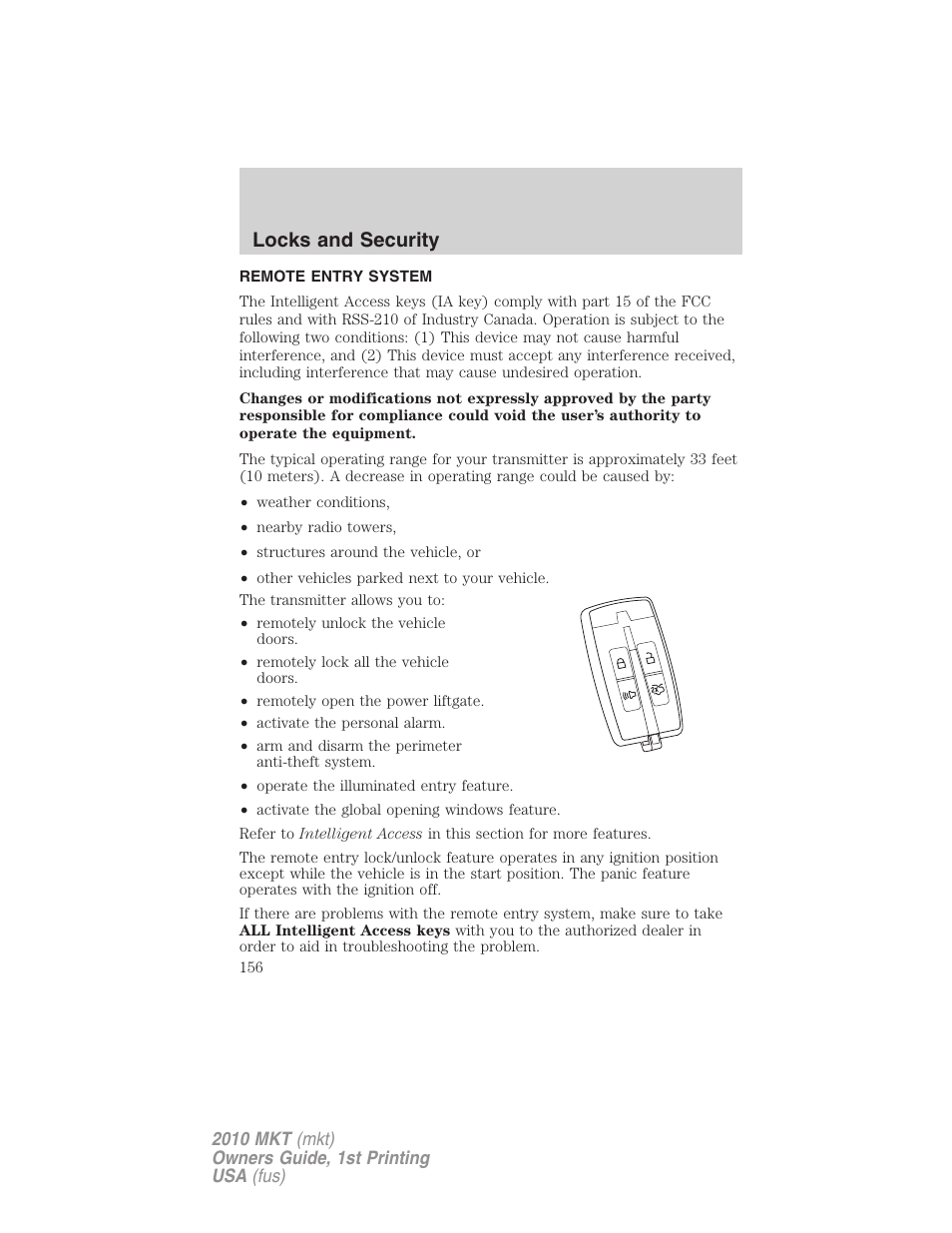 Remote entry system, Locks and security | Lincoln MKT User Manual | Page 156 / 430