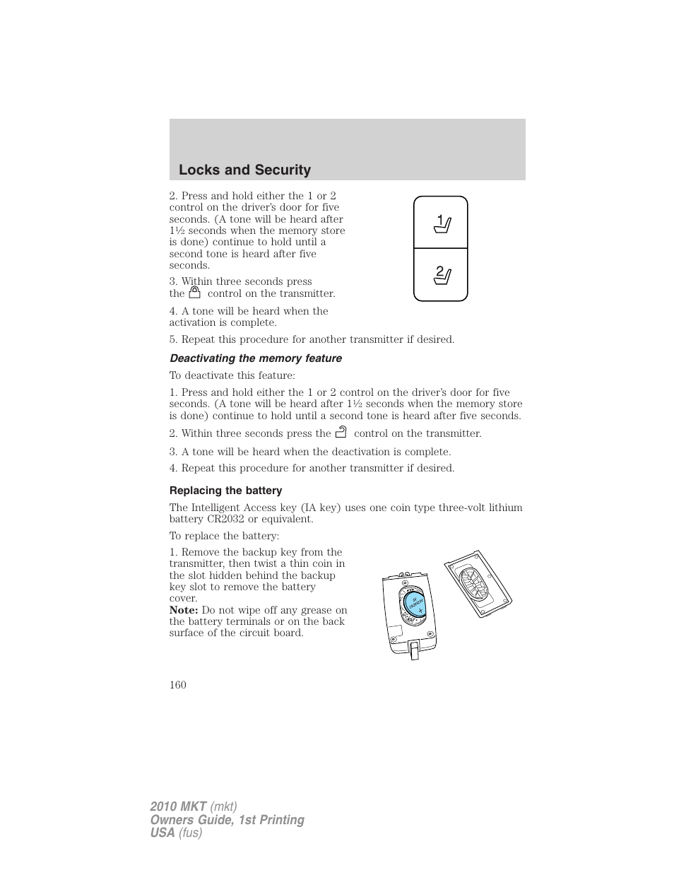 Deactivating the memory feature, Replacing the battery, Locks and security | Lincoln MKT User Manual | Page 160 / 430