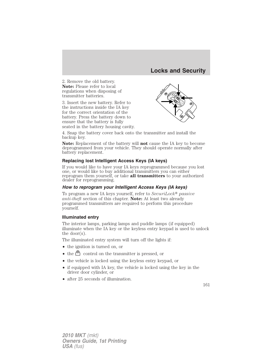 Replacing lost intelligent access keys (ia keys), Illuminated entry, Locks and security | Lincoln MKT User Manual | Page 161 / 430