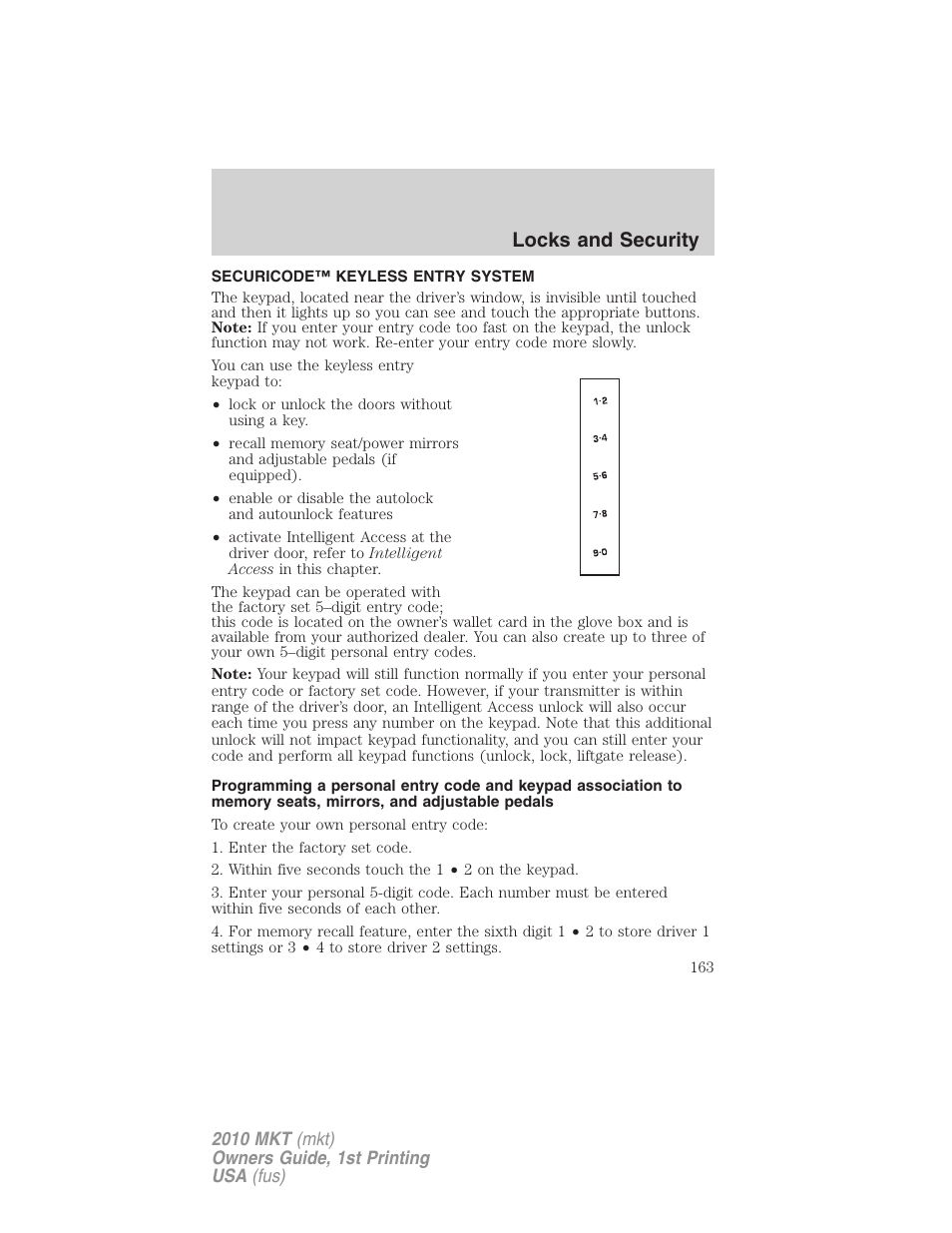 Securicode™ keyless entry system, Locks and security | Lincoln MKT User Manual | Page 163 / 430