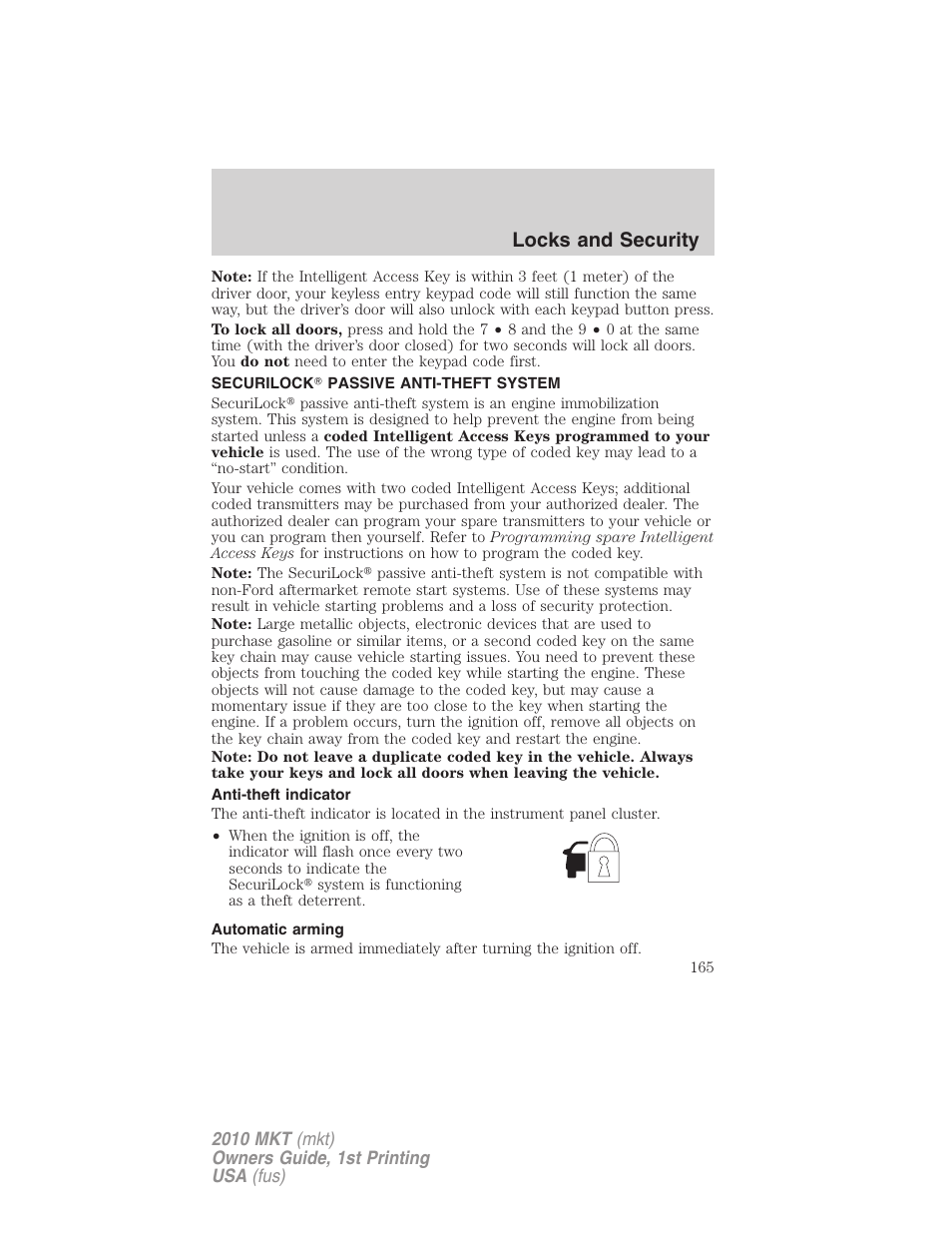 Securilock passive anti-theft system, Anti-theft indicator, Automatic arming | Anti-theft system, Locks and security | Lincoln MKT User Manual | Page 165 / 430