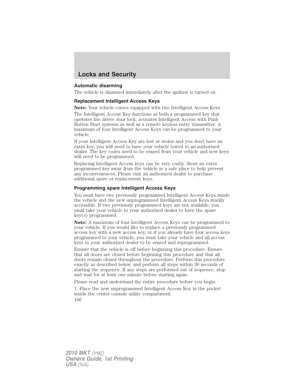 Automatic disarming, Replacement intelligent access keys, Programming spare intelligent access keys | Locks and security | Lincoln MKT User Manual | Page 166 / 430