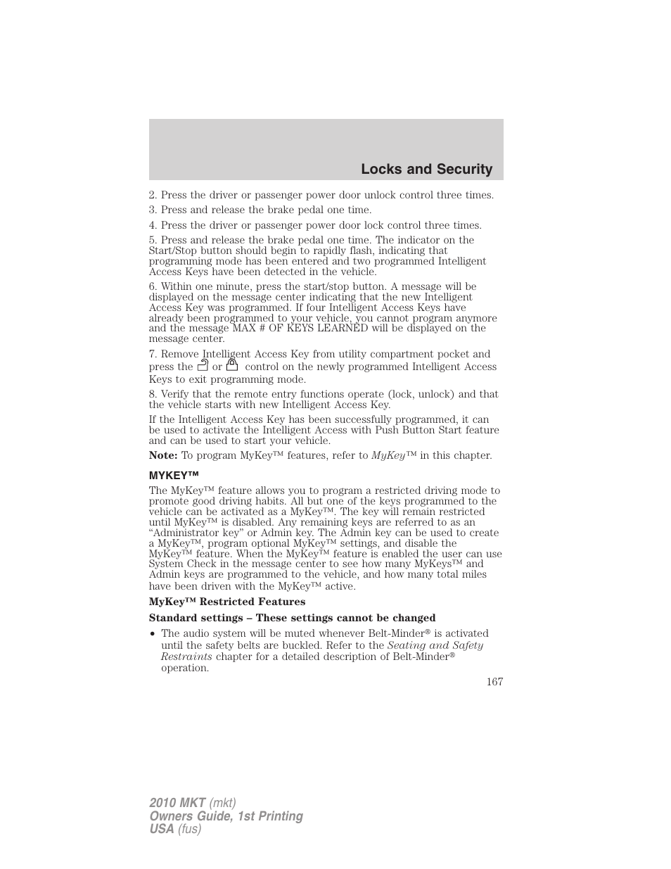 Mykey, Locks and security | Lincoln MKT User Manual | Page 167 / 430