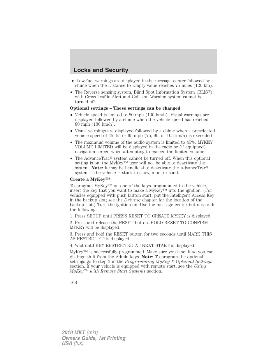 Locks and security | Lincoln MKT User Manual | Page 168 / 430