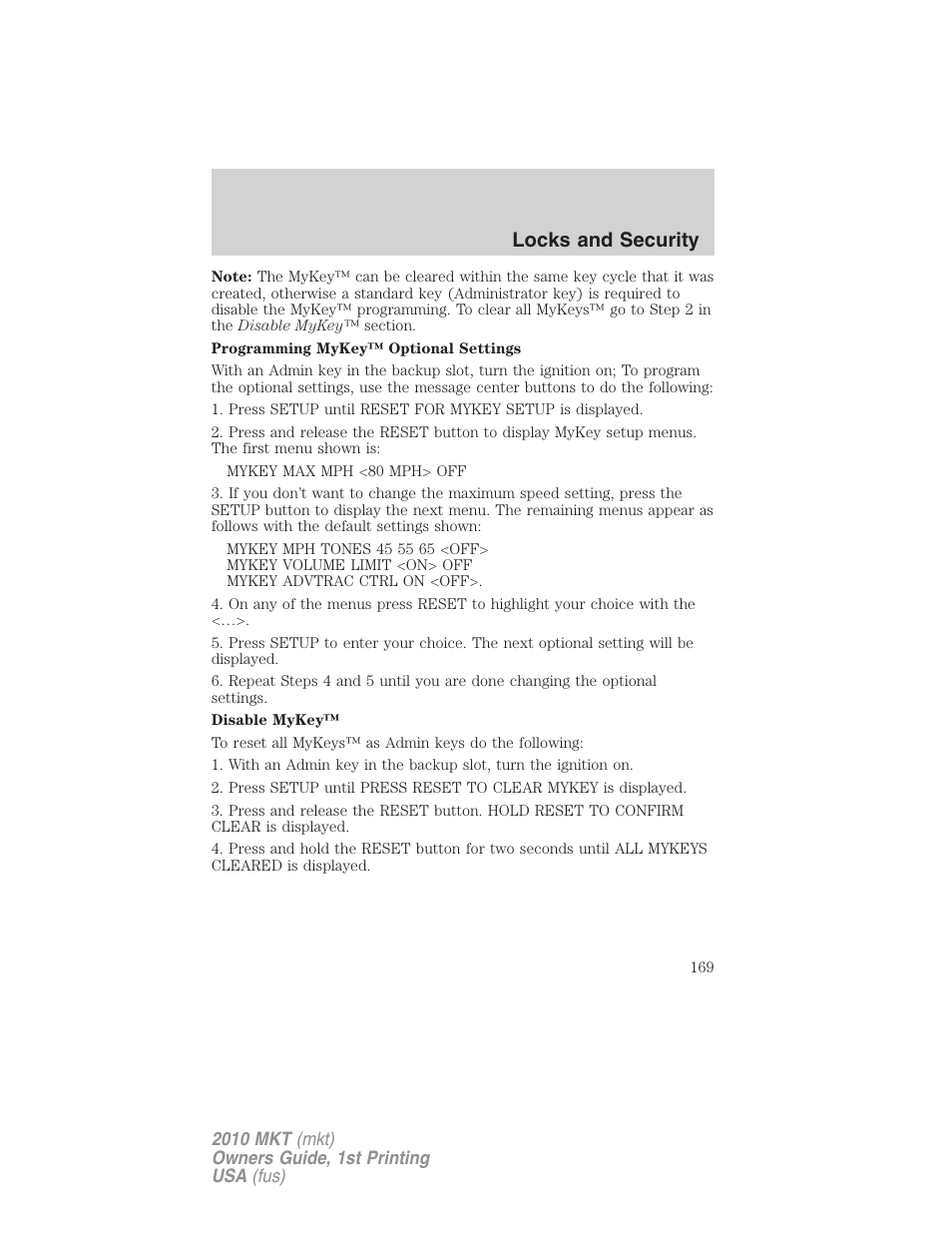 Locks and security | Lincoln MKT User Manual | Page 169 / 430