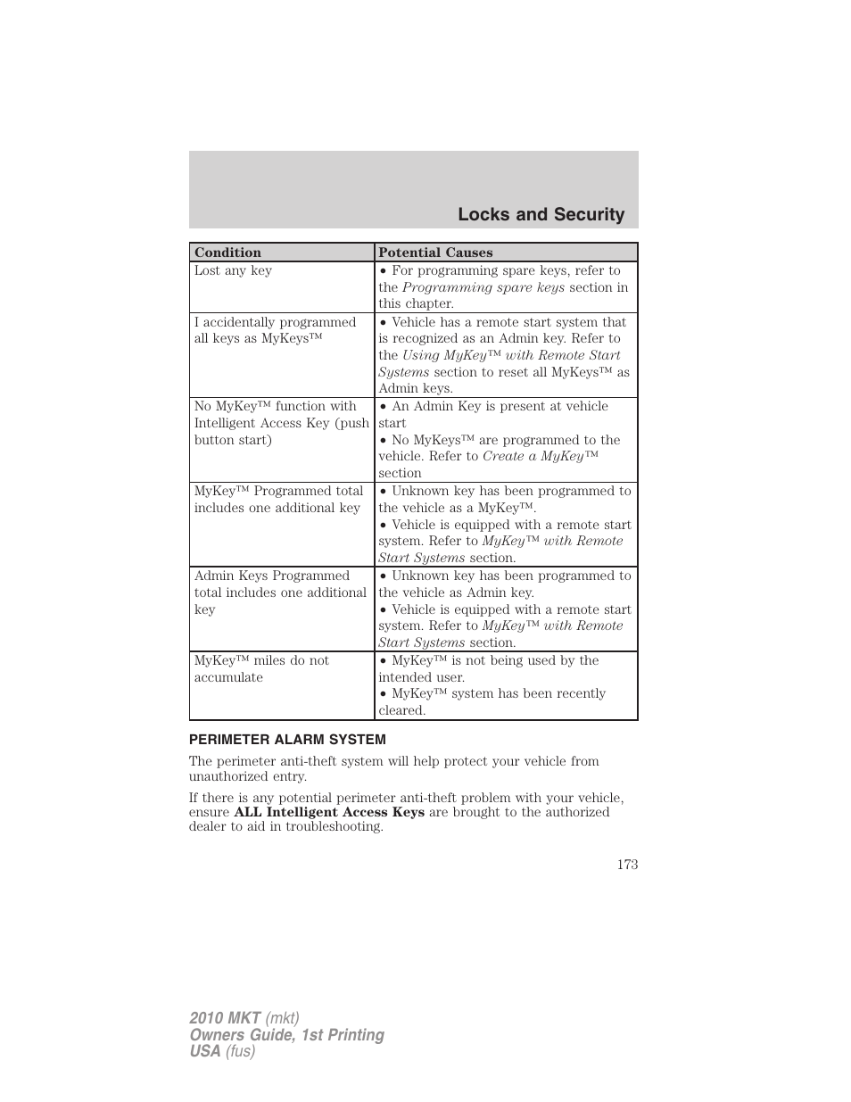 Perimeter alarm system, Locks and security | Lincoln MKT User Manual | Page 173 / 430