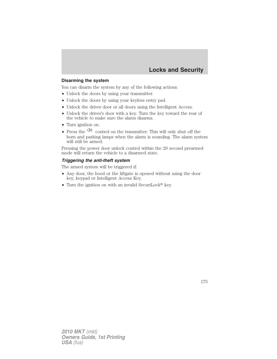 Disarming the system, Triggering the anti-theft system, Locks and security | Lincoln MKT User Manual | Page 175 / 430