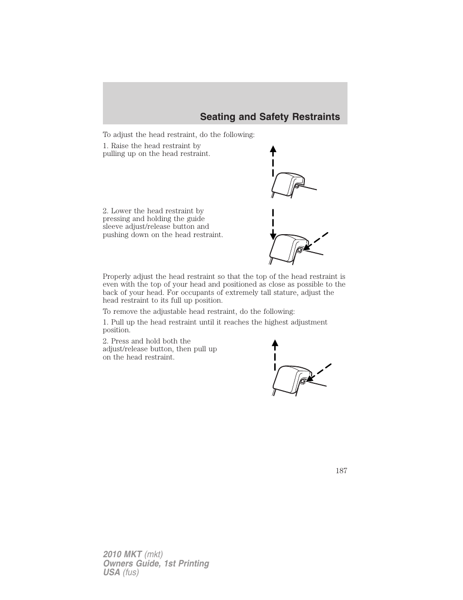 Seating and safety restraints | Lincoln MKT User Manual | Page 187 / 430