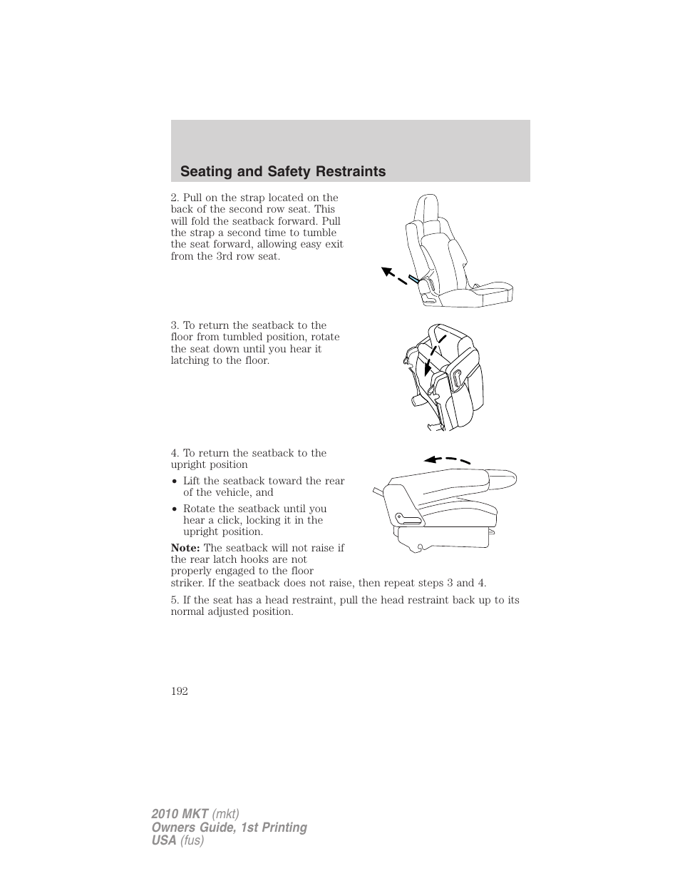 Seating and safety restraints | Lincoln MKT User Manual | Page 192 / 430