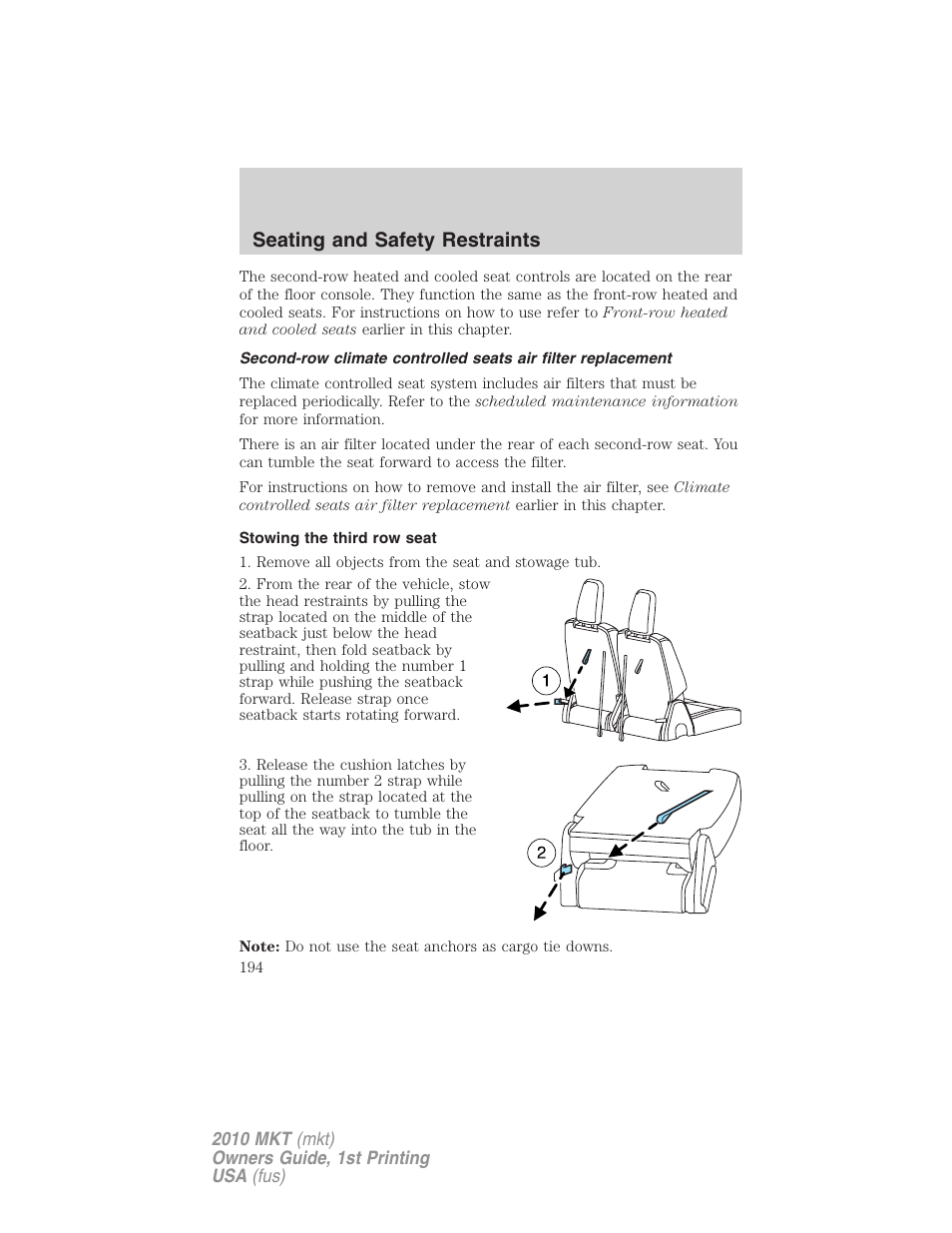 Stowing the third row seat, Seating and safety restraints | Lincoln MKT User Manual | Page 194 / 430