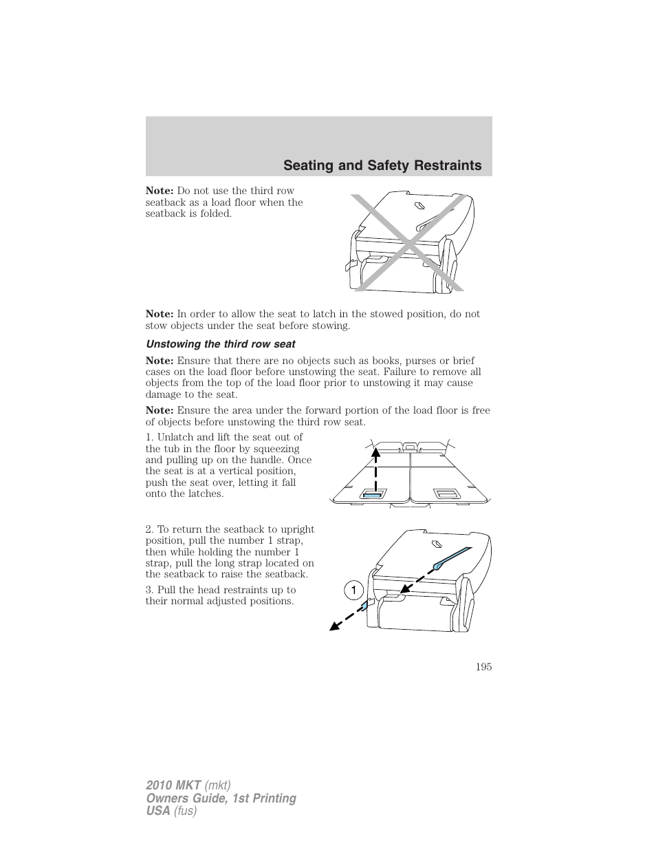 Unstowing the third row seat, Seating and safety restraints | Lincoln MKT User Manual | Page 195 / 430