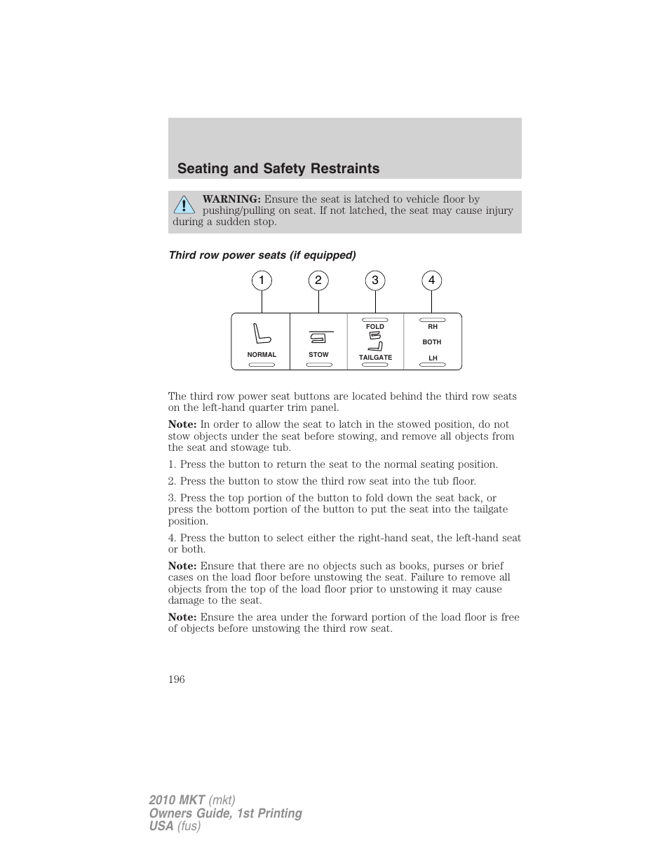 Third row power seats (if equipped), Seating and safety restraints | Lincoln MKT User Manual | Page 196 / 430