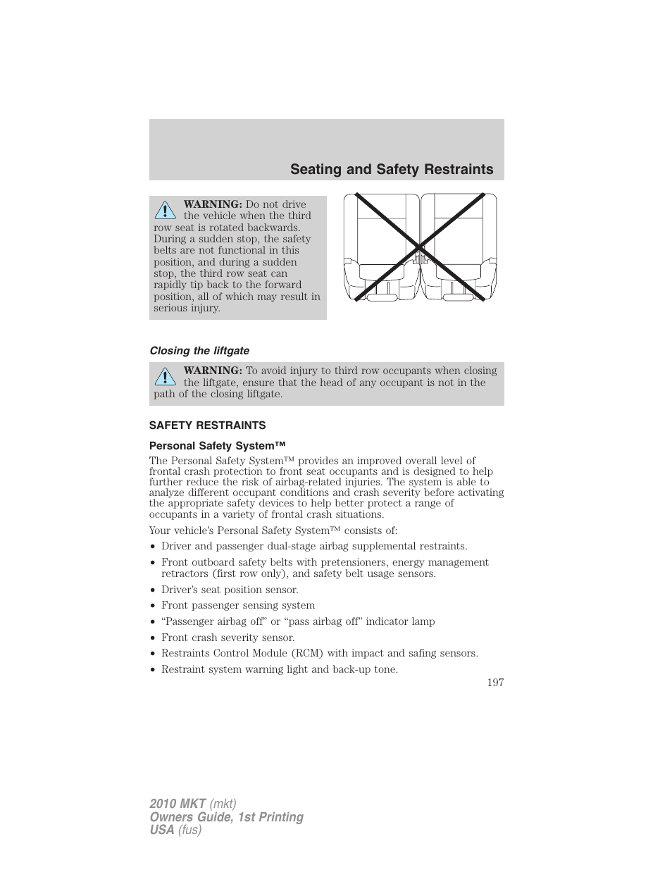 Closing the liftgate, Safety restraints, Personal safety system | Seating and safety restraints | Lincoln MKT User Manual | Page 197 / 430