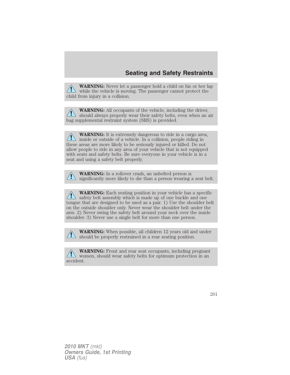 Seating and safety restraints | Lincoln MKT User Manual | Page 201 / 430